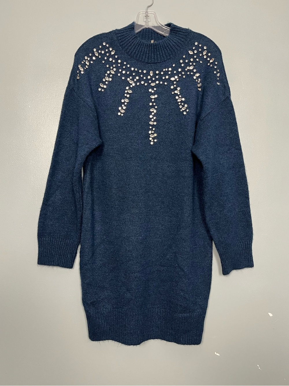 Anthropologie Long-Sleeve Embellished Sweater Mini Dress Dark Teal Womens Size M - Picture 2 of 8